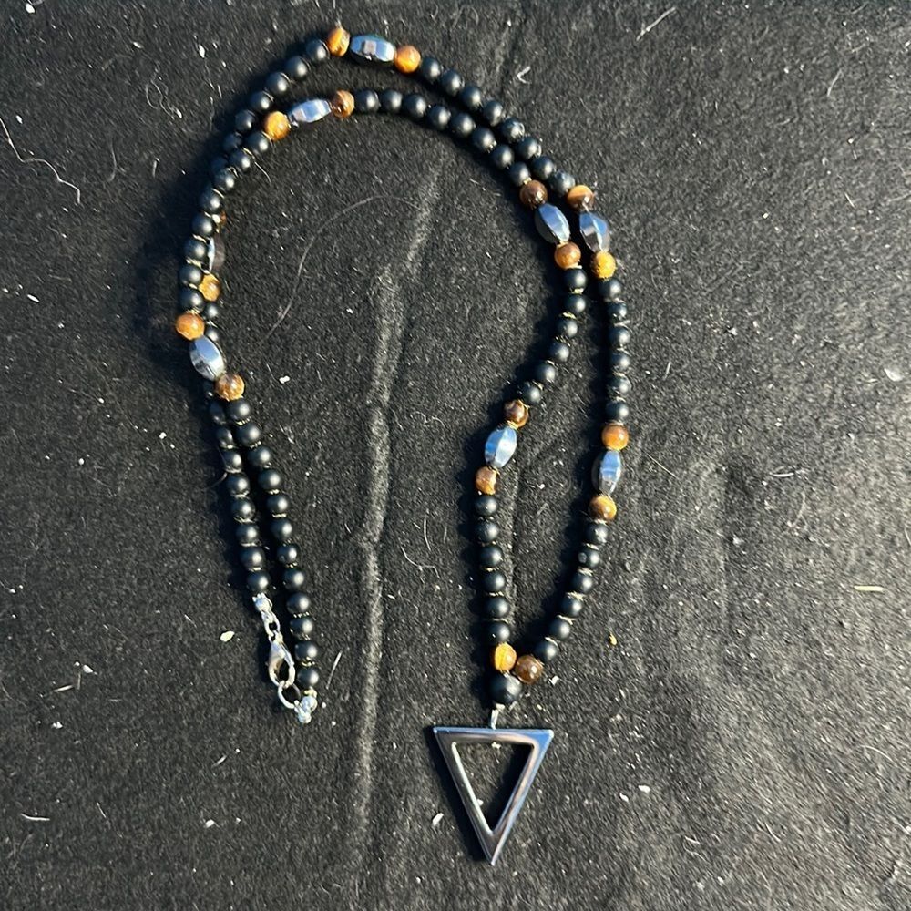 Water Symbol Necklace – Tiger Eye & Hematite Beads – Healing Energy Jewelry